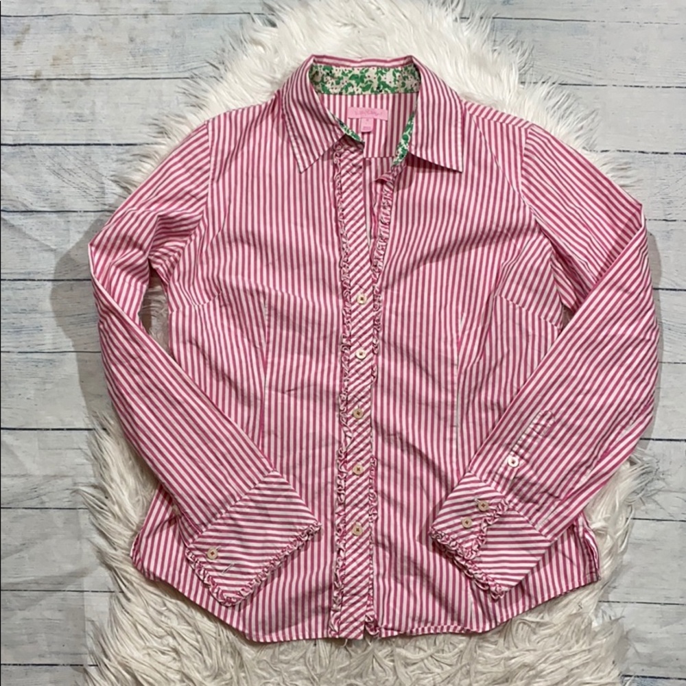 Sz 12 Lilly Pulitzer Striped Ruffle Cuff Buttondown pink